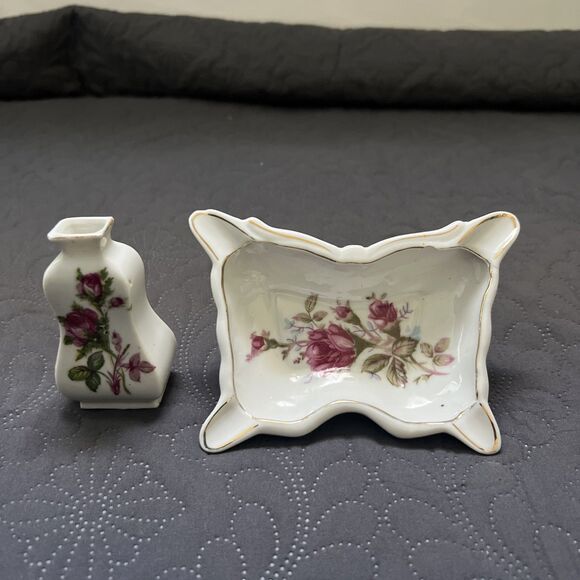 VTG MOSS ROSE Butterfly Ashtray Trinket Dish Bond Ware L&M & Small Vase Japan - Picture 2 of 10